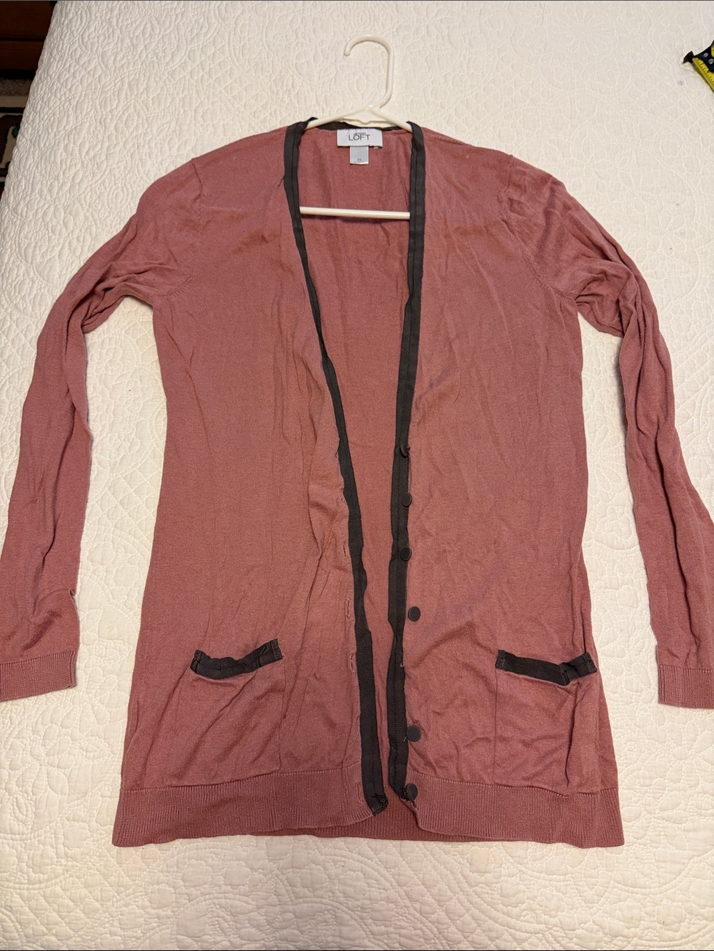 LOFT Rose-Mauve ribbon button Cardigan with grey Trim CUTE!